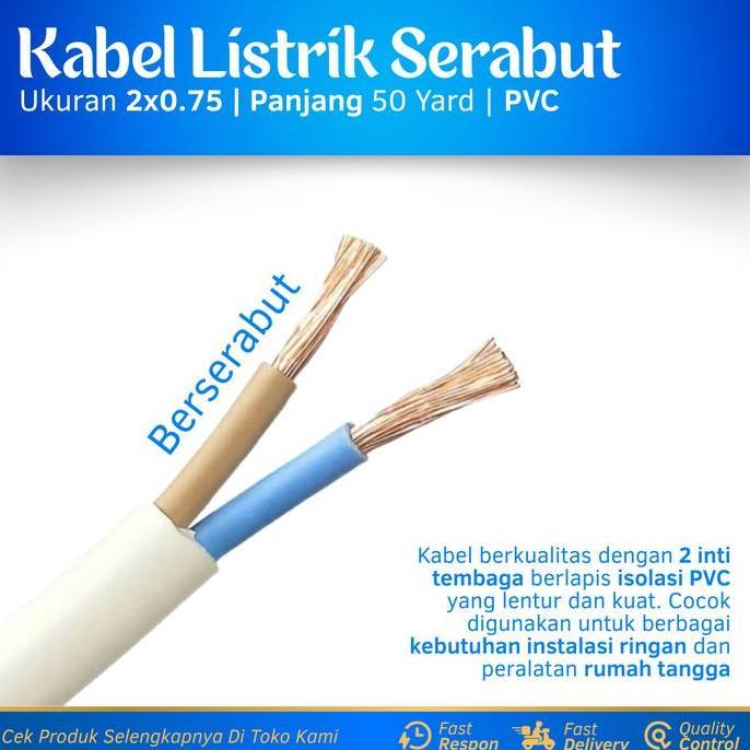 Kabel Listrik Serabut 2X0.75 Tembaga Murni Kabel Listrik 1 Roll 50 Yard Warna Putih Kabel Serabut 1 