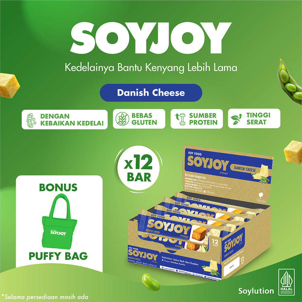 SOYJOY Snack Bar Kedelai Danish Cheese 12 Bar - BONUS SOYJOY Puffy Bag