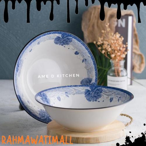 Promo Mangkok Bijian Keramik Bulat Besar 9"/ Mangkok Sayur Motif Bunga Biru