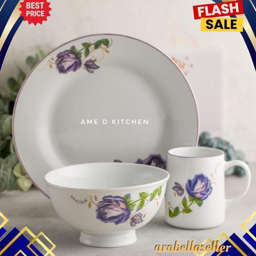 Harga Grosir Piring Makan Set 3 Pcs Keramik Putih Rose Ungu Kupu Winston