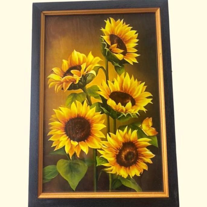 Hiasan dinding lukisan cetak gambar bunga matahari plus bingkai Kayu Gantungan Paku Gold