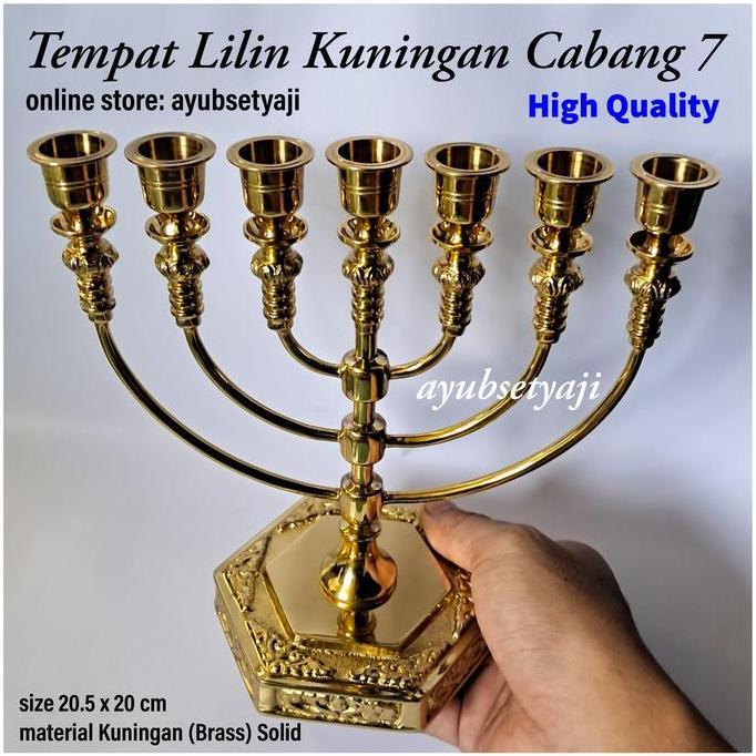 Tempat Lilin Kuningan Cabang 7 MENORAH Brass Wadah Datar Kaki Dian ALTAR ANTIQUE BRASS Gold Candle