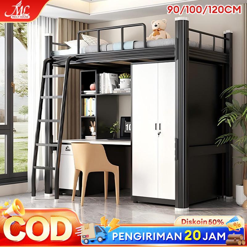Tempat Tidur Besi Tingkat Atas / Lemari Besi Tingkat Bawah + Rak Buku + Meja / Tempat Tidur Tingkat 