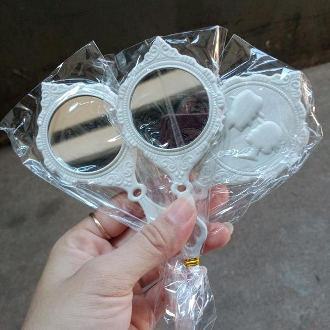 100  Pcs Souvenir  Pernikahan Kaca Cermin Gagang Putih Bulat Cantik Kemas Plastik Free Kartu ucapan 