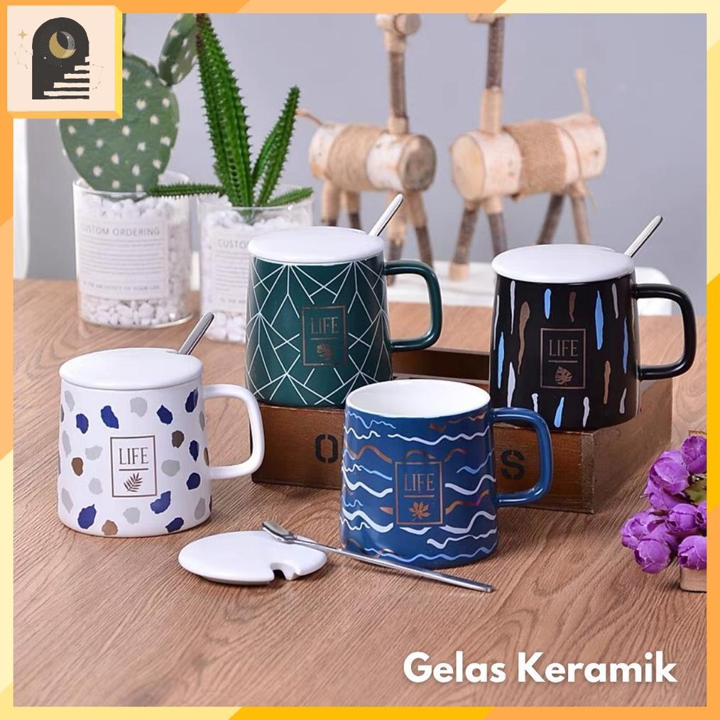 New Produk Either.Id Gelas Cangkir Keramik Estetik Style Cantik Nordic Kopi Teh Keramik Mug Tutup Se