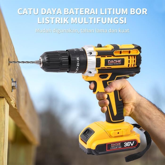 Daohe Mesin Bor Baterai 36Vf 25+3 Cordless Impact Lengkap 2 Baterai Fullset Koper 35Nm 10Mm Chuck 10