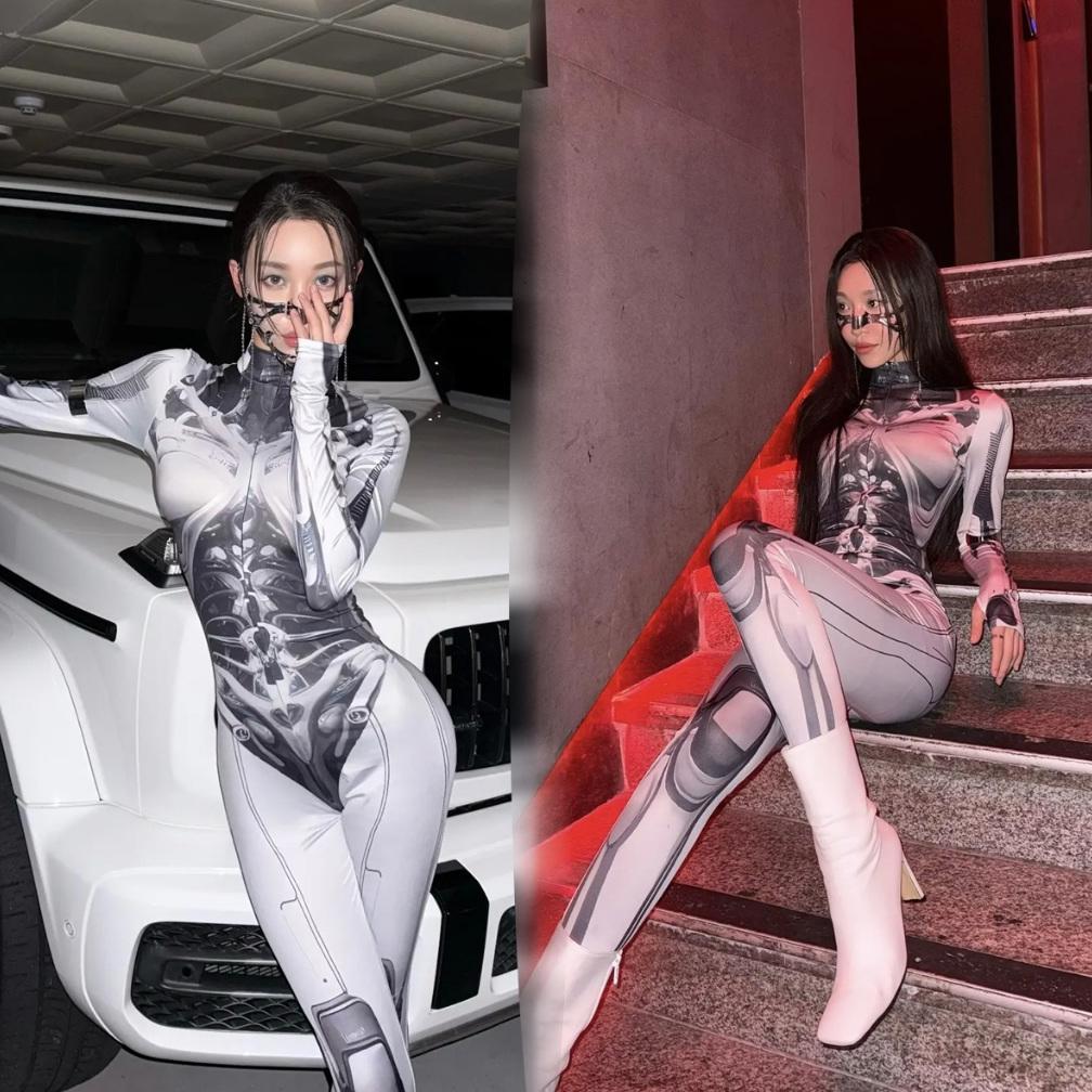 Bodysuit Robot Punk Catsuit Halloween Cosplay Sexy Kostum Untuk Wanita Karnaval Pesta Lengan Panjang