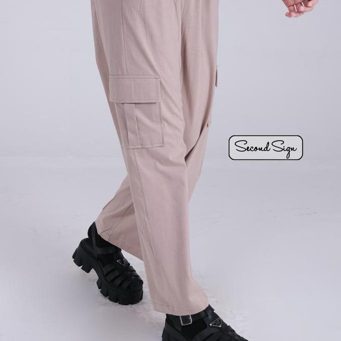 SecondSn - Alice Cargo Pant | Celana Kulot Wanita Bahan Kaos Dengan Saku Pinggir Cargo Pinggang Full