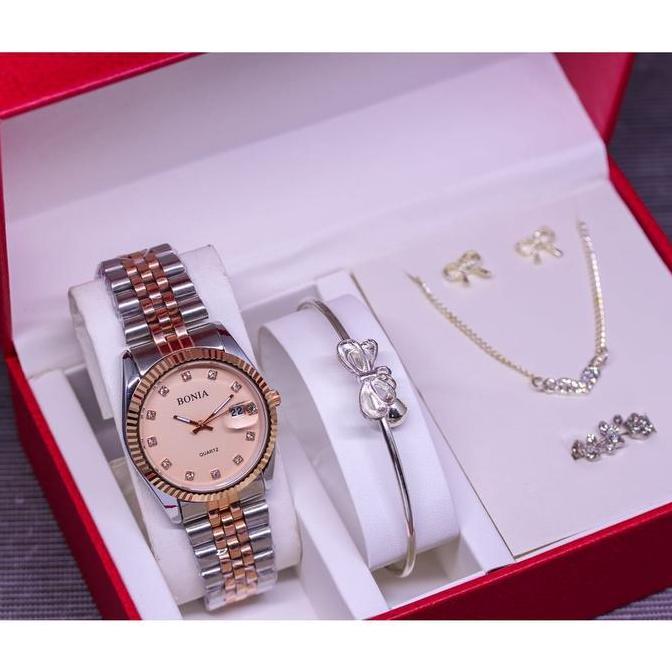 Jam Tangan Wanita Bonia Anti Air Tali Rantai Tanggal Aktif Full Set KalungCimcin+Gelang+Anting Free 