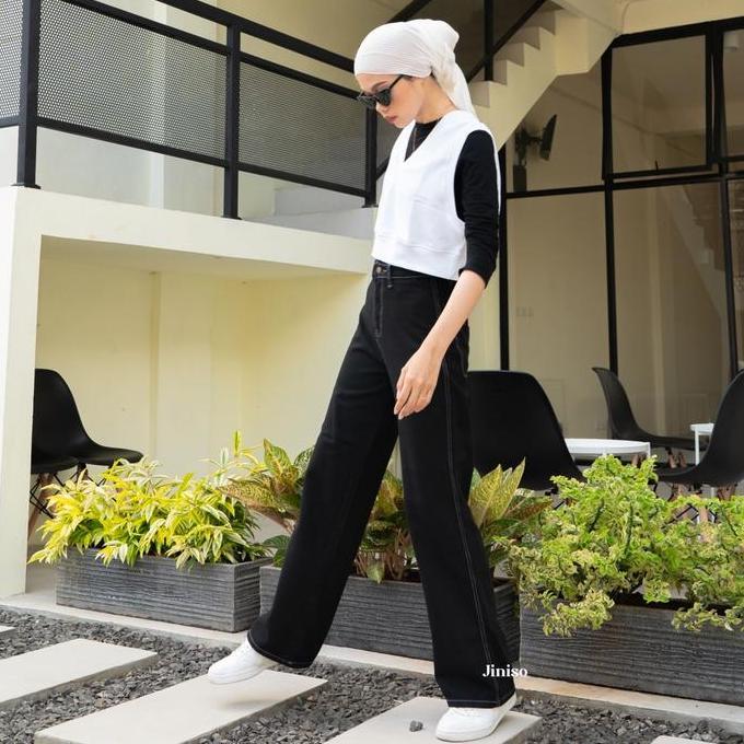 JINISO RELAX - 777 Kulot Hhwaist Celana Jeans Wanita Warna Black White