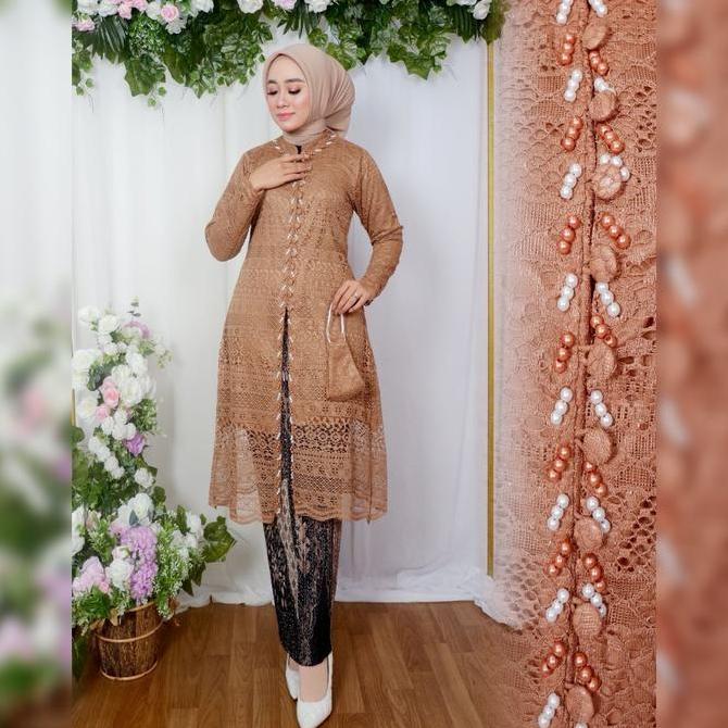 Setelan Kebaya Tunik Kenza Payet Brukat dengan Motif Bunga - Atasan Wanita Model Kancing Busui Frien