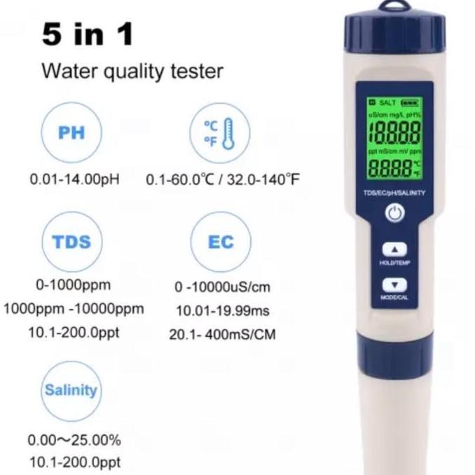 EZ-9909 5 In 1 Alat Ukur Uji Kualitas Air PH TDS Salinity EC Suhu Salinity TDS EC Temperature PH Met