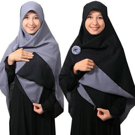 New- Jilbab syari segi empat Bolak Balik Hitam-Abu