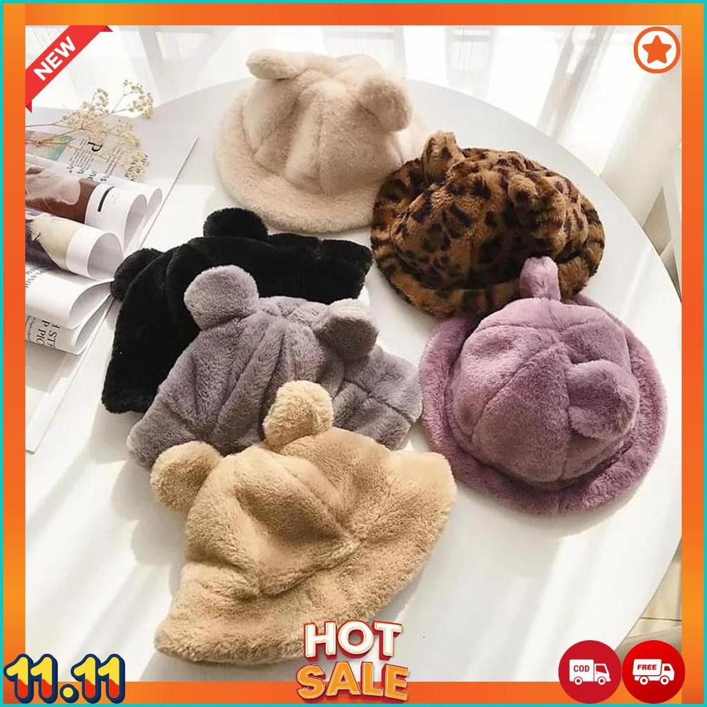 Topi Bucket Bulu Beruang Telinga/Bucket Hat Bulu Lembut Hewan [K2]