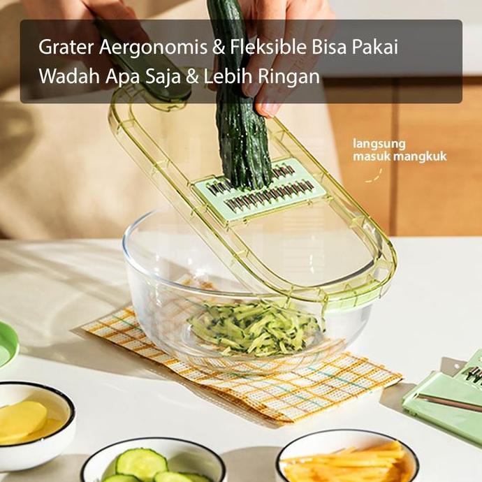 Kithch- Hugo Parutan Sayur Dan Buah 8 In 1 Parutan Serbaguna Pemotong Iris Sayur Dengan Wadah Premiu