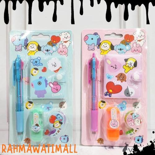 1 Set Alat Tulis 4in1 Buku Pulpen Highlighter Tape BTS Notebook BT21 Murah Ready