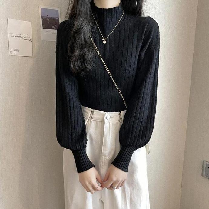 Best- TELLY 074 Atasan Baju Rajut Wanita Style Blouse Turtleneck Lengan Balon Halus Tebal Premium Re