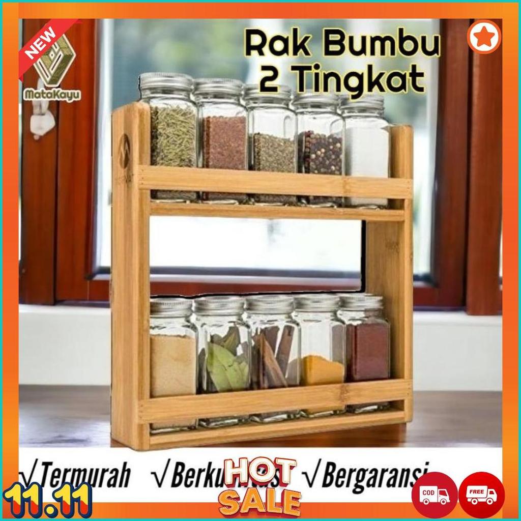 Rak Bumbu Dapur Toples 2 Tingkat Rak Penyimpanan Bumbu Meja Dapur Rak Kayu [M1]