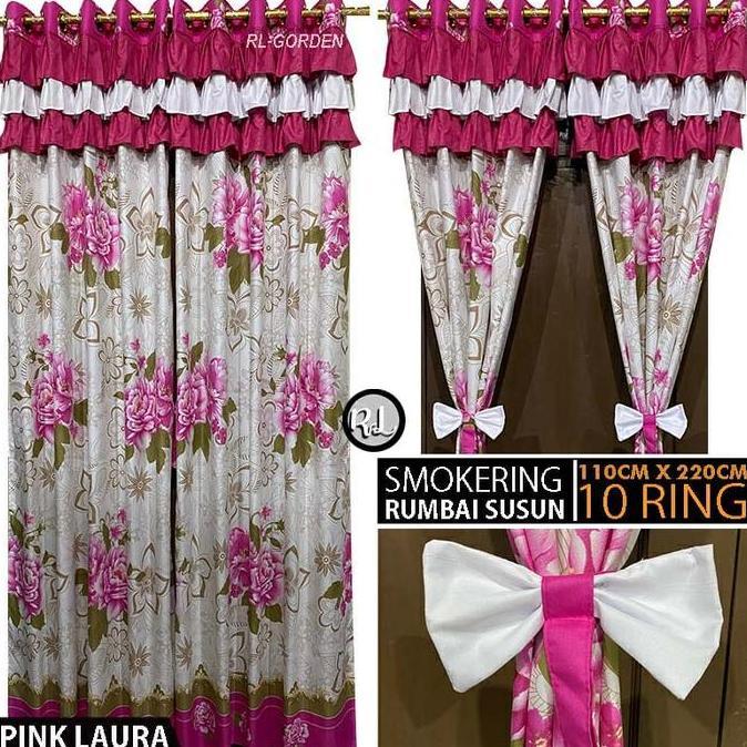 Romx- Gorden Jendela Pintu Kamar Minimalis Motif Pink Laura Model Poni Rumbai Susun