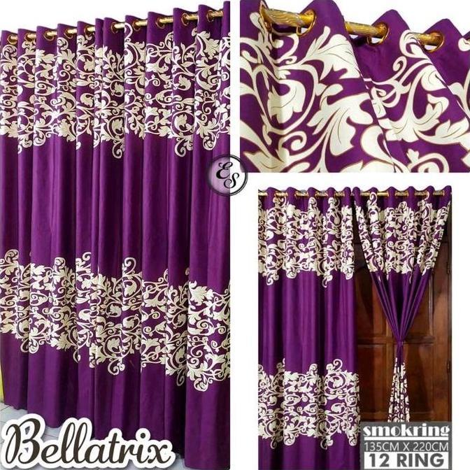 Romx- Tirai Pintu Dan Gorden Jendela Motif Bellatrix Ungu Tua Smokring 12 Murah