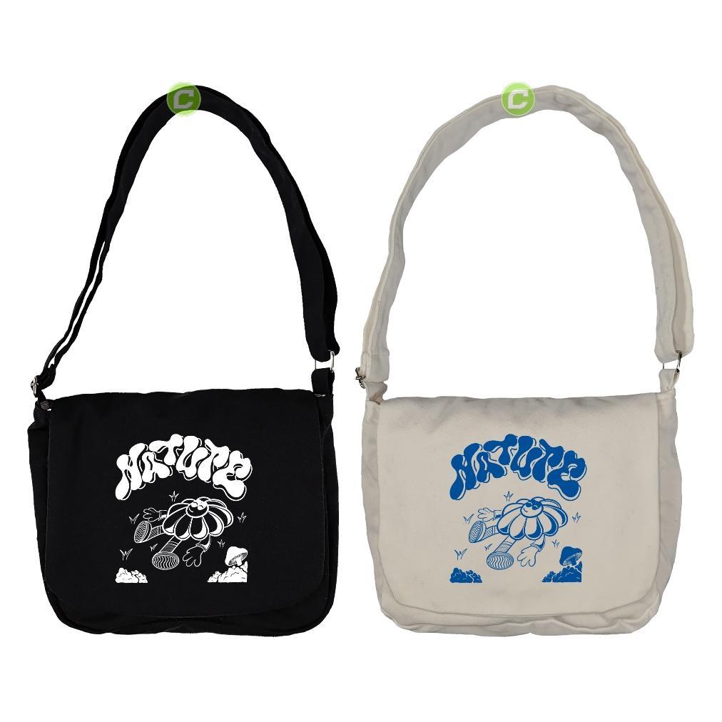 Promo Tas Selempang Mini Kanvas Unisex Hitam Putih