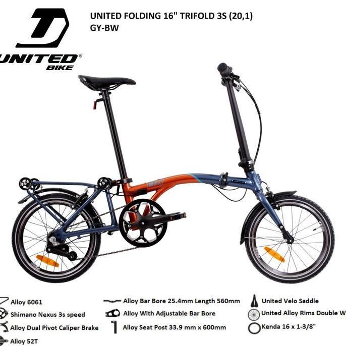 Terlaris Sepeda Lipat 16 Inch United Trifold 3S Boncengan (Brompton)