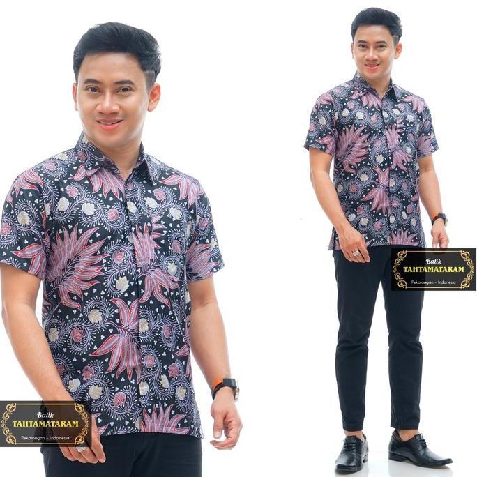 KEMEJA BATIK PRIA LENGAN PENDEK JUMBO Katun Baju Dewasa Hem Hitam Kerja Panjang Cowok Motif
