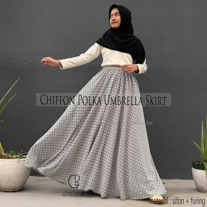 (Ready) Rok Polkadot Panjang Payung Lebar Sifon Chiffon Polka Umbrella Skirt Motif Bintik Griyaradit