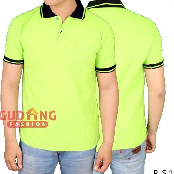Kaos Polo Shirt Pria PLS 14 - Hijau Stabilo Kerah Hitam Baju Distro Dewasa Combed