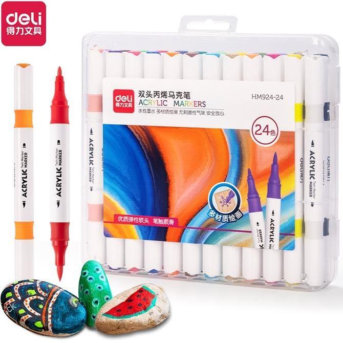 Spidol / Brush Pen Deli Permanent Acrylic Twin Marker Set  24 Colors