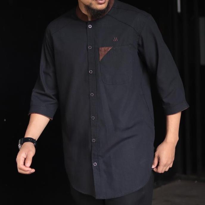 Baju Kemeja Koko Kurta Pria Lengan Panjang Muslim 3/4 Marajo Full Katun Kurta Dewasa Hitam Pendek