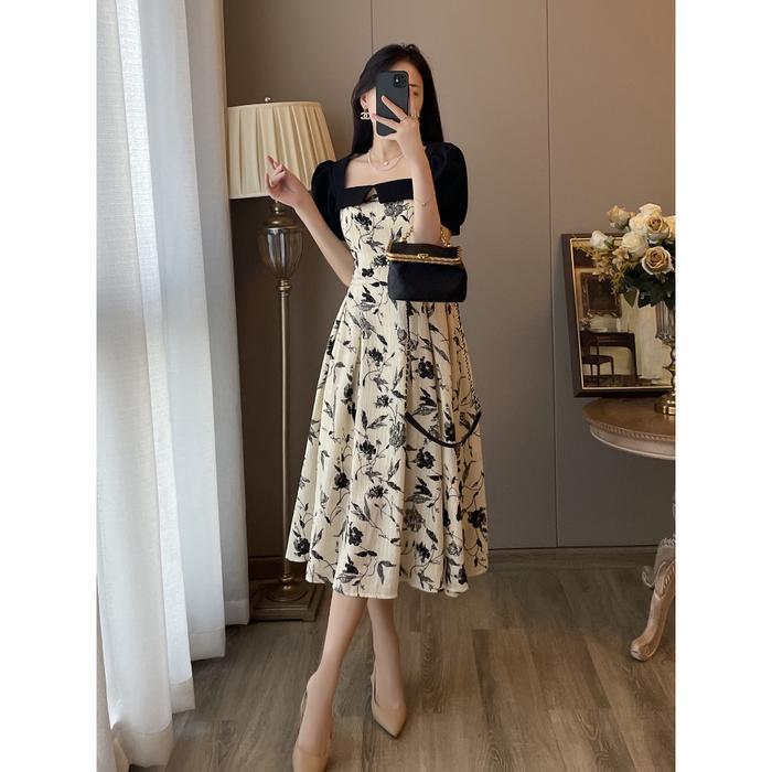 969 Long Dress Hitam Bunga Lengan Pendek Dress Wanita Kekinian Korea Style 2025 Gaun Pesta Elegan Pa