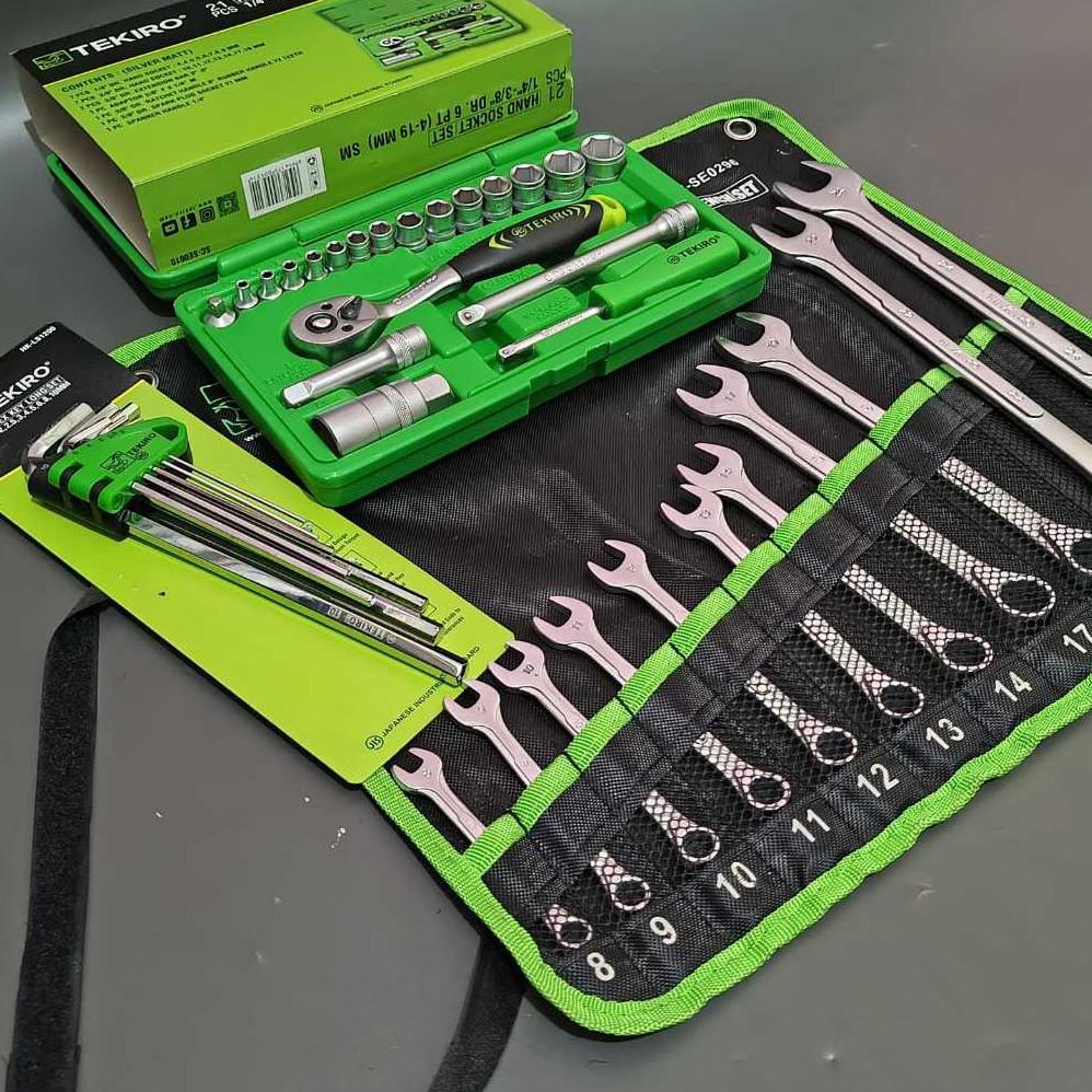 Paket Kunci ring pas tekiro set 11 pcs 8-24mm + Kunci sok set lengkap 21pc tekiro + Kunci L panjang 