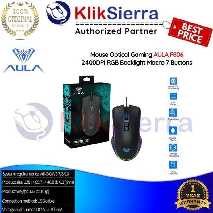Aula F806 Mouse Gaming Optik 2400Dpi Rgb Backlight Macro 7 Tombol Ergonomis Anti-Slip Dengan 4 Penga