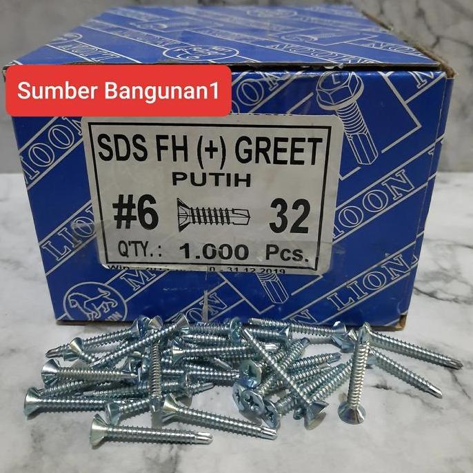 Sekrup Sds Fh Greet 6 X 32 Skrup Grc Putih Calciboard 32Mm Roofing Bor