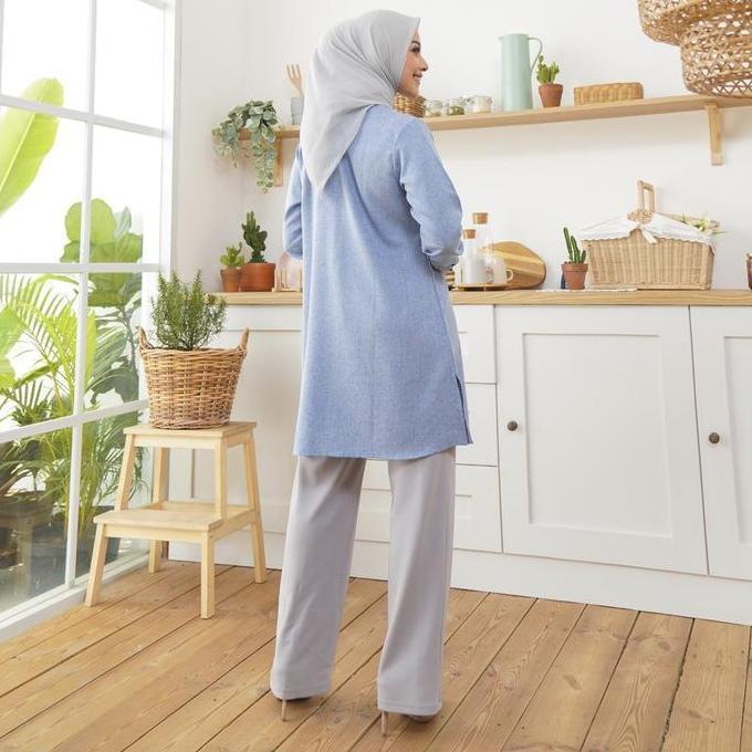 Bgs- Wulfi Atasan Kemeja Tunik Day To Day Katun Cotton Madinah Misty Blue Kantor Muslim Nyaman Panja