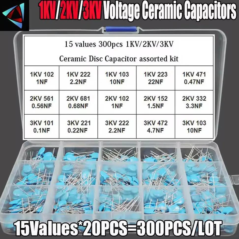 300Pcs/BOX 15Values 1KV/2KV/3KV 0.1nF-22nF 102 222 103 223 472 561 681 High Voltage Ceramic Disc Cap