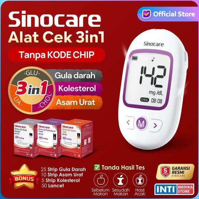 Cantaca900 - [2025 Teknologi Terbaru] Sinocare - Alat Cek 3In1 Gcu Gula Darah + Kolesterol + Asam Ur