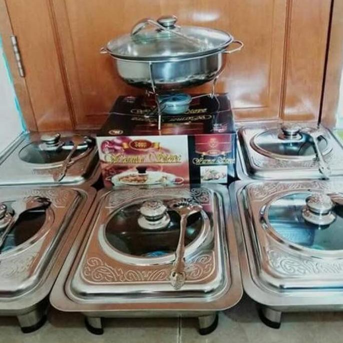 Prasmanan Set Stainless steel wadah saji sayur kotak tutup kaca baki