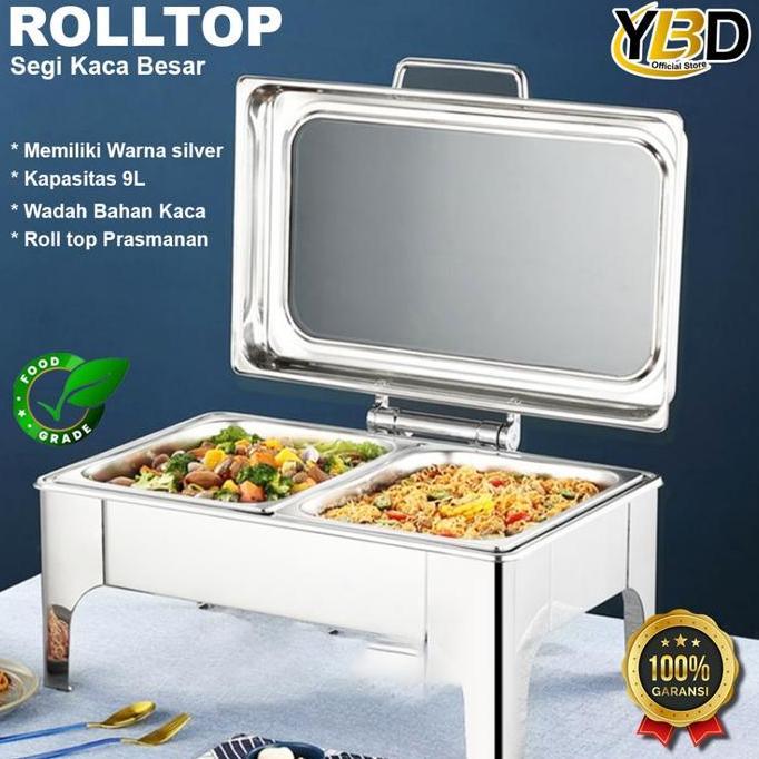 Rolltop Segi Kaca besar Catering Stainless Steel 9 L / tempat prasmanan / set tempat lauk dan sayur 