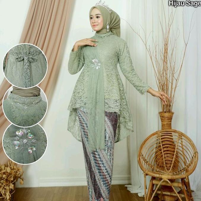 setelan kebaya brukat lesti modern / kebaya brukat lengan panjang / kebaya selendang warna hitam sag