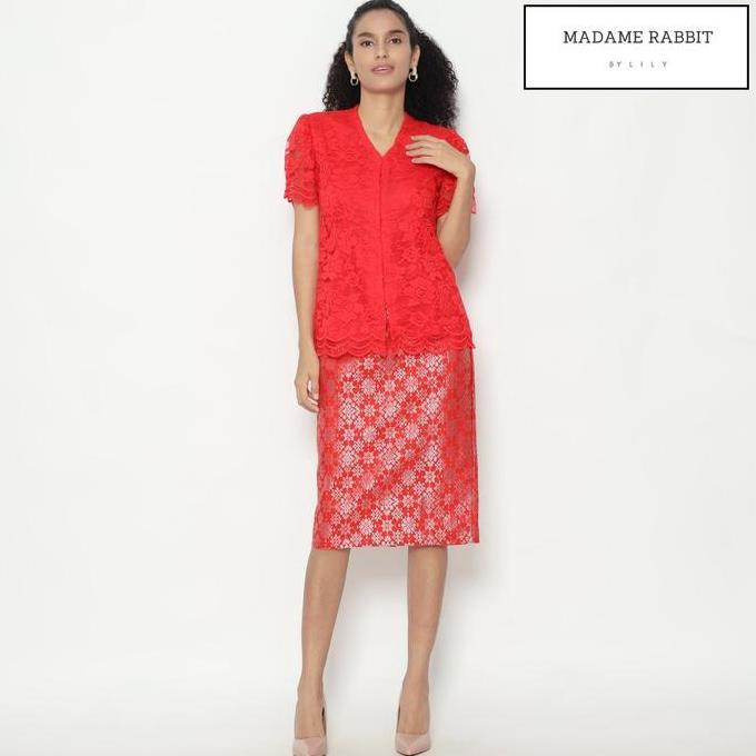 Baju Pesta Madame Rabbit Kebaya Brokat Red Scarlet Lengan Pendek Furing Rapi Atasan Dress