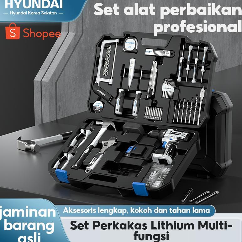 HYUNDAI Mesin Bor Listrik Set Lengkap Baterai Cordless Alat Tukang Tool Kit Tang Obeng Palu Kunci Pa