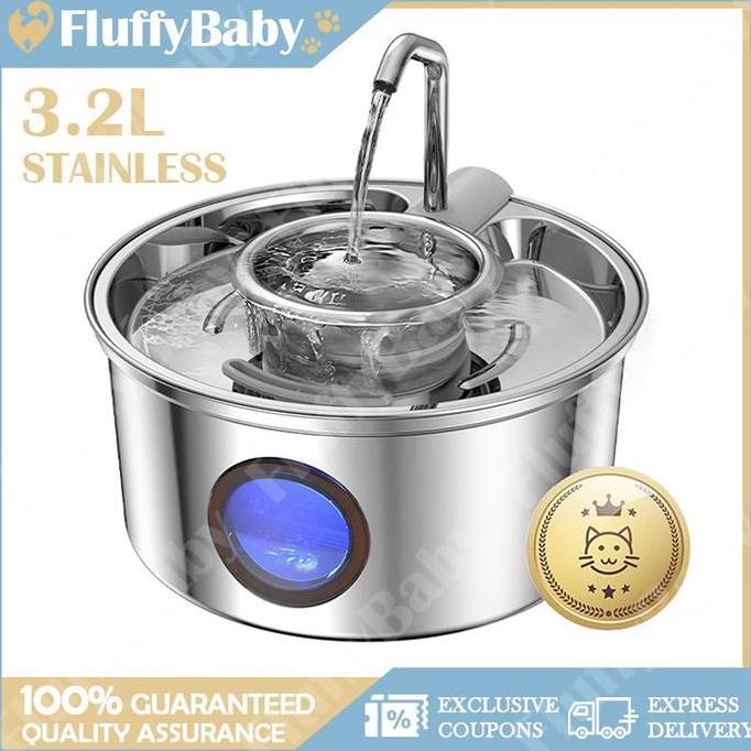 3.2L Water Fountain Kucing Stainless Tempat Minum Kucing Otomatis Water Fountain Kucing Water Dispen