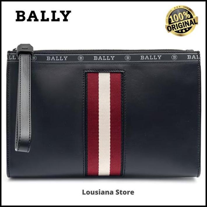 TAS BALLY HAIG LEATHER CLUTCH BAG STRIPE BLACK AND RED best seller