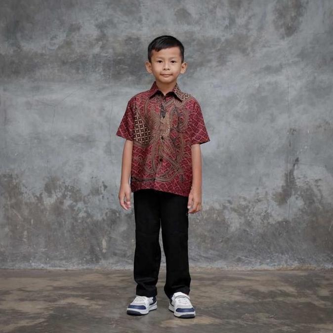 Boyboy- Kemeja Batik Pria Couple Batik Ayah Dan Anak Laki Laki Motif Ponix Merah Maroon Batik Anak L
