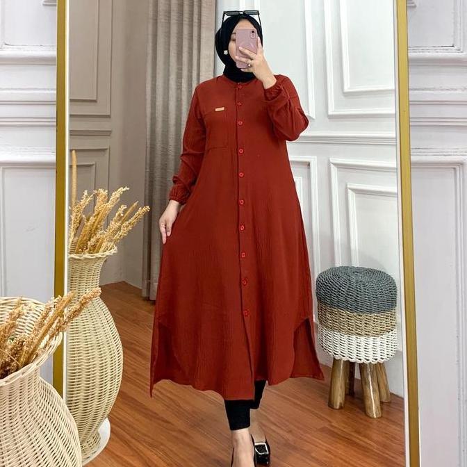Newrelig- Talisa Long Tunik Crinkle Motif Polos Kondangan Kampus Airflow Crinkle Tunik Putih Hitam