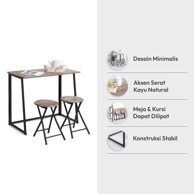 Instan- Informa Lexi Set Meja Makan Lipat 2 Bangku - Cokelat Walnut Kursi Dan Meja Taman Foldable Ga