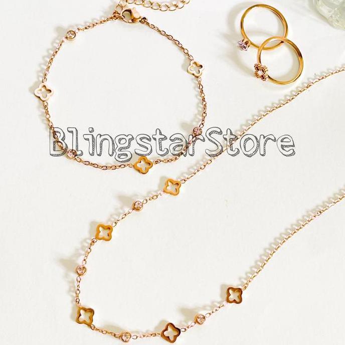 Acckita- Set Perhiasan Wanita Titanium Model Skena Kalung, Gelang Dan Cincin