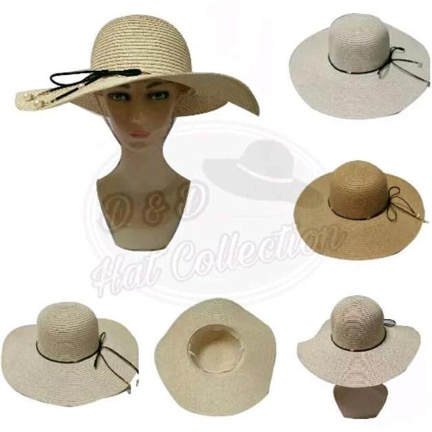 Topi Pantai Lebar Import Tali Kulit Hitam Mutiara